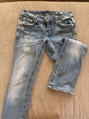 Miss Me Boot Light Blue Distressed Skinny Jeans with Embroidered Pockets